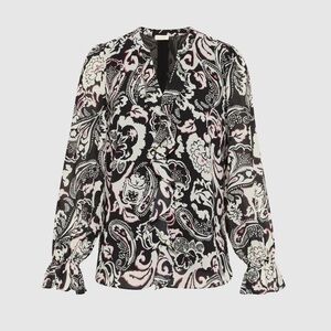 Laura Paisley Print Ruffle Front Blouse Black White Pattern
